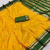 Mustard Yellow Silk Saree with Gold Zari Butta & Dark Green Striped Pallu