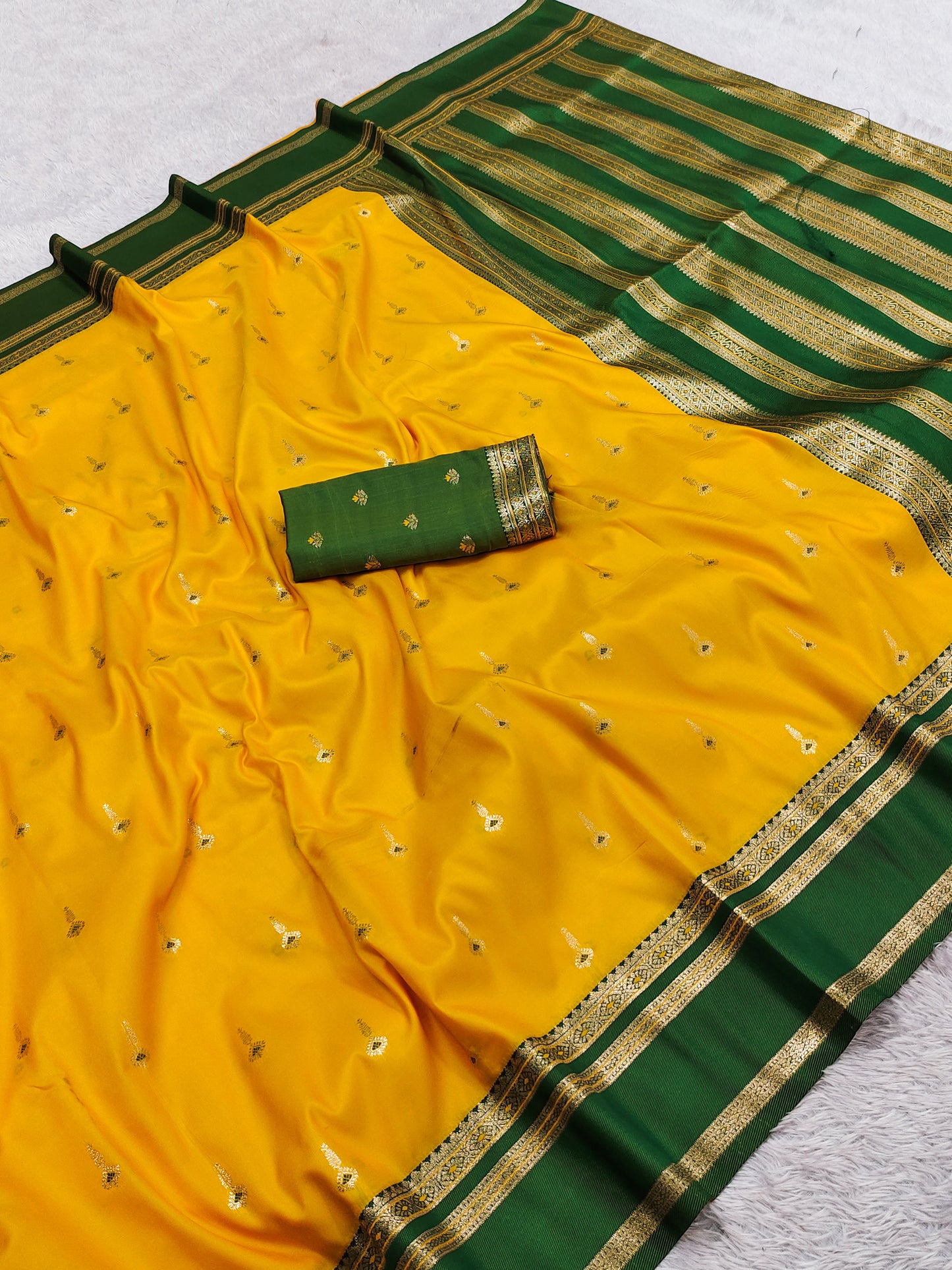 Mustard Yellow Silk Saree with Gold Zari Butta & Dark Green Striped Pallu