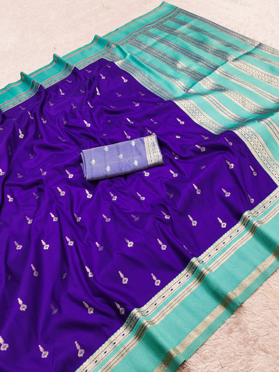 Royal Purple Silk Saree with Gold Zari Butta & Sea Green Striped Pallu