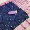 Navy Blue Silk Saree with Gold Zari Butta & Lavender Pink Striped Pallu