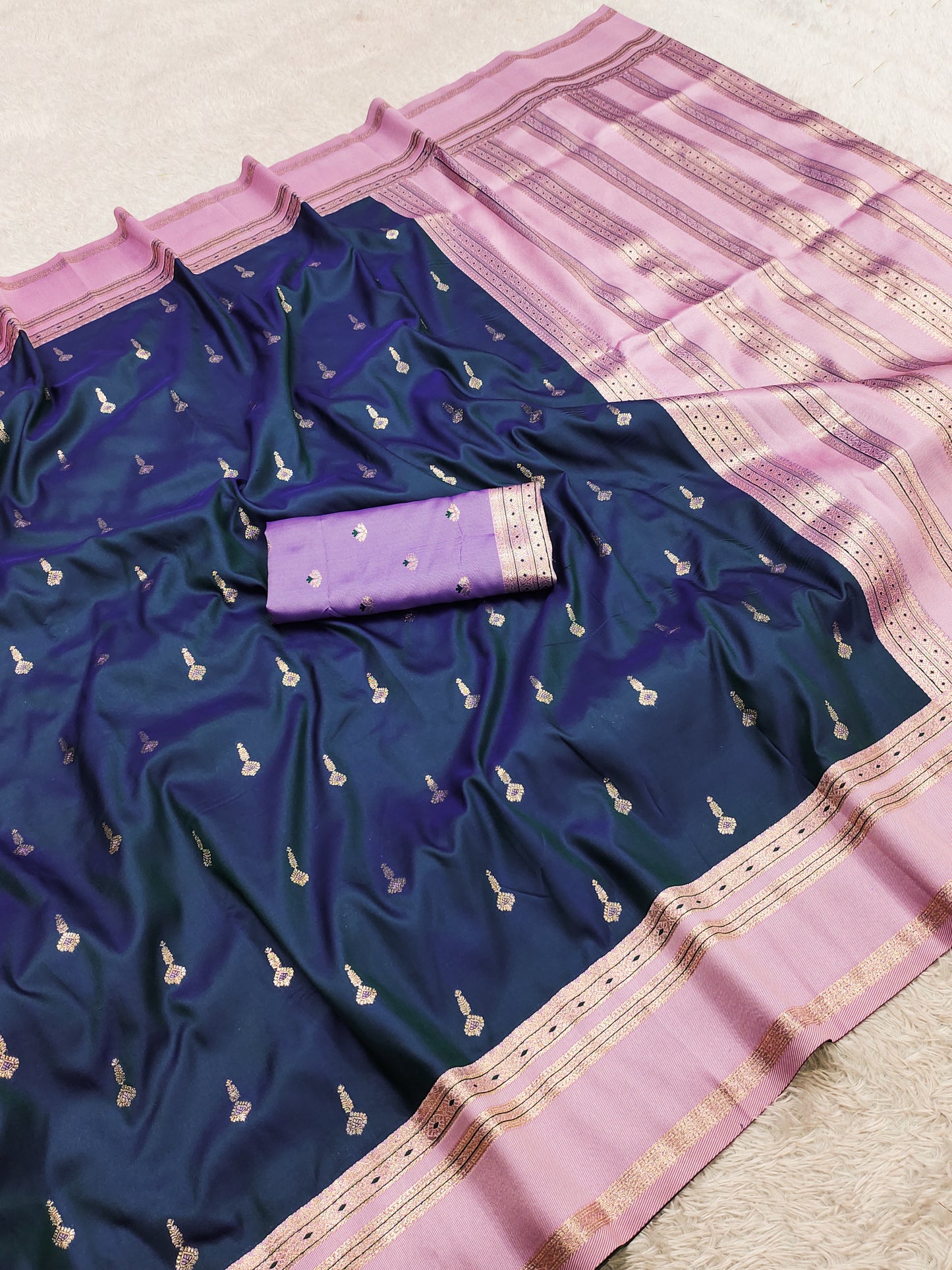 Navy Blue Silk Saree with Gold Zari Butta & Lavender Pink Striped Pallu
