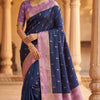 Navy Blue Silk Saree with Gold Zari Butta & Lavender Pink Striped Pallu