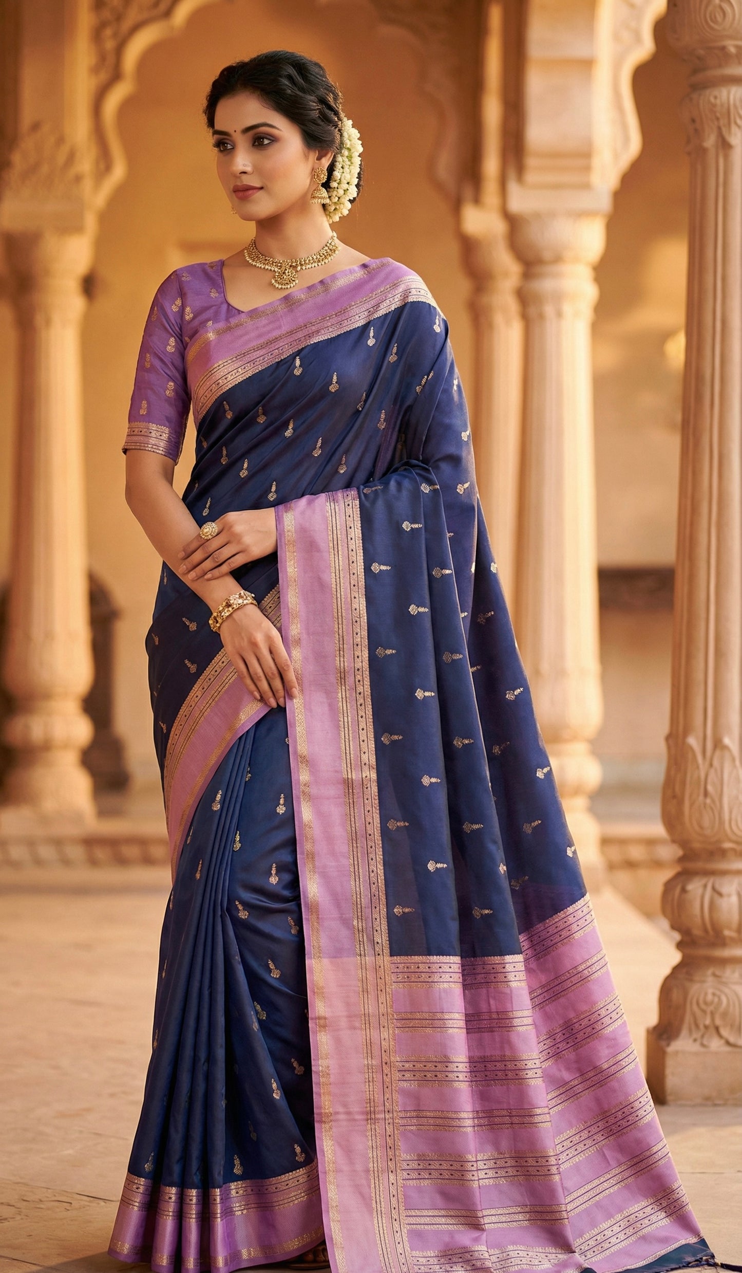 Navy Blue Silk Saree with Gold Zari Butta & Lavender Pink Striped Pallu