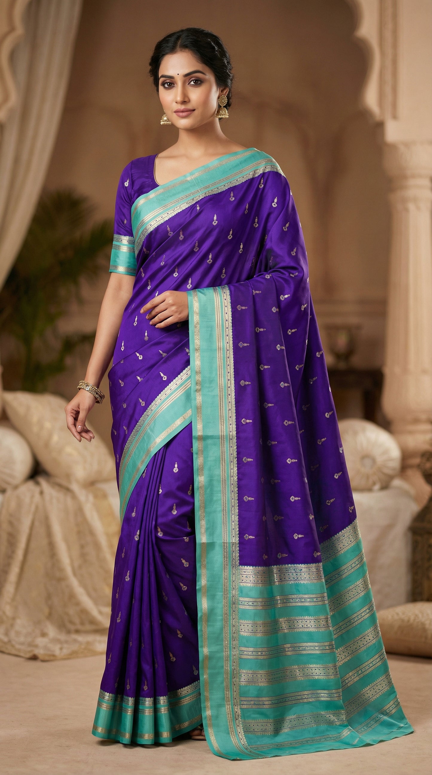 Royal Purple Silk Saree with Gold Zari Butta & Sea Green Striped Pallu