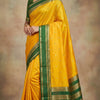 Mustard Yellow Silk Saree with Gold Zari Butta & Dark Green Striped Pallu