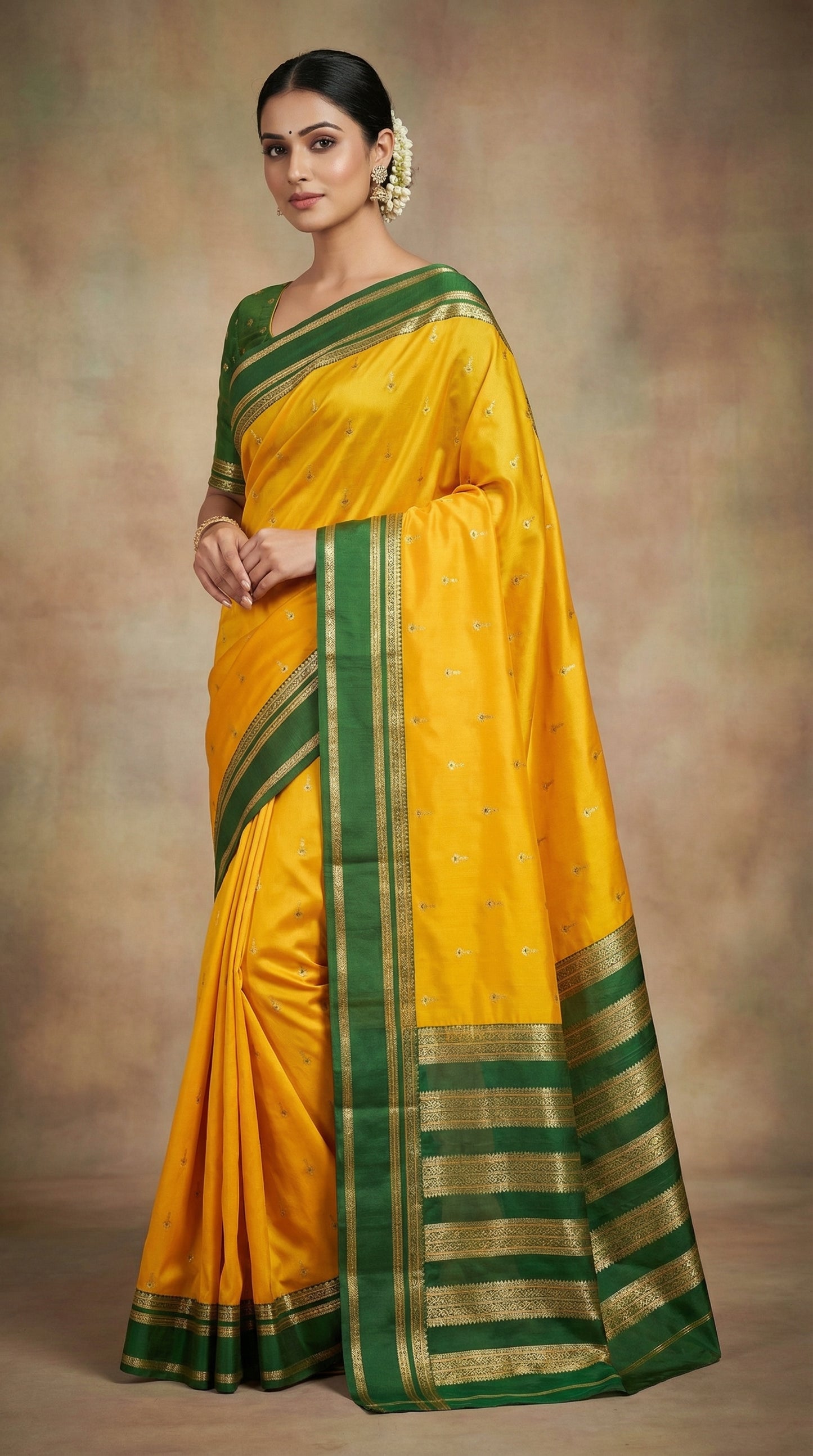 Mustard Yellow Silk Saree with Gold Zari Butta & Dark Green Striped Pallu
