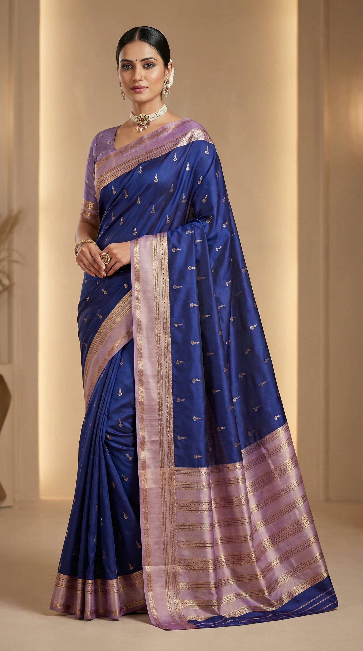 Royal Blue Silk Saree with Gold Butta & Blush Pink Striped Pallu