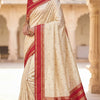 Ivory White Silk Saree with Gold Butta & Red Striped Zari Pallu