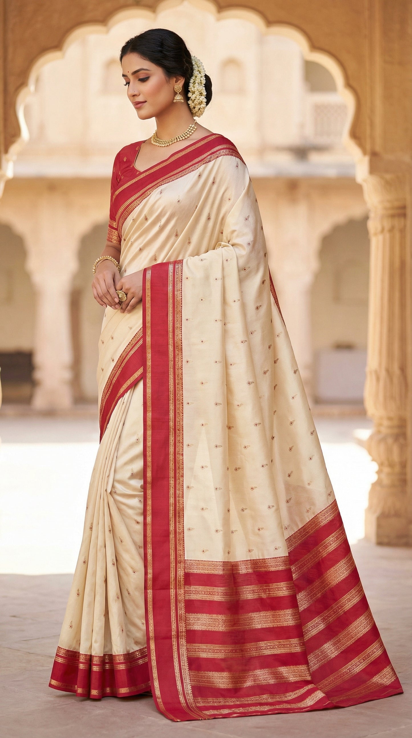 Ivory White Silk Saree with Gold Butta & Red Striped Zari Pallu