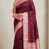 Wine Maroon Silk Saree with Gold Butta & Blush Pink Striped Pallu