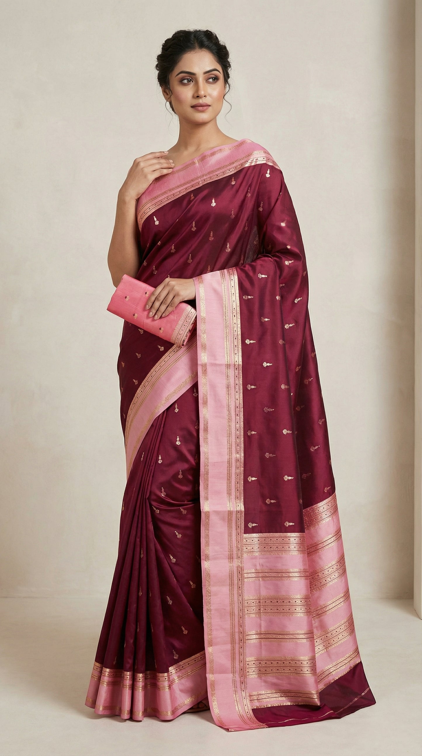 Wine Maroon Silk Saree with Gold Butta & Blush Pink Striped Pallu
