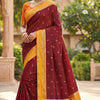 Maroon & Yellow Silk Saree with Gold Butta & Mustard Yellow Striped Pallu