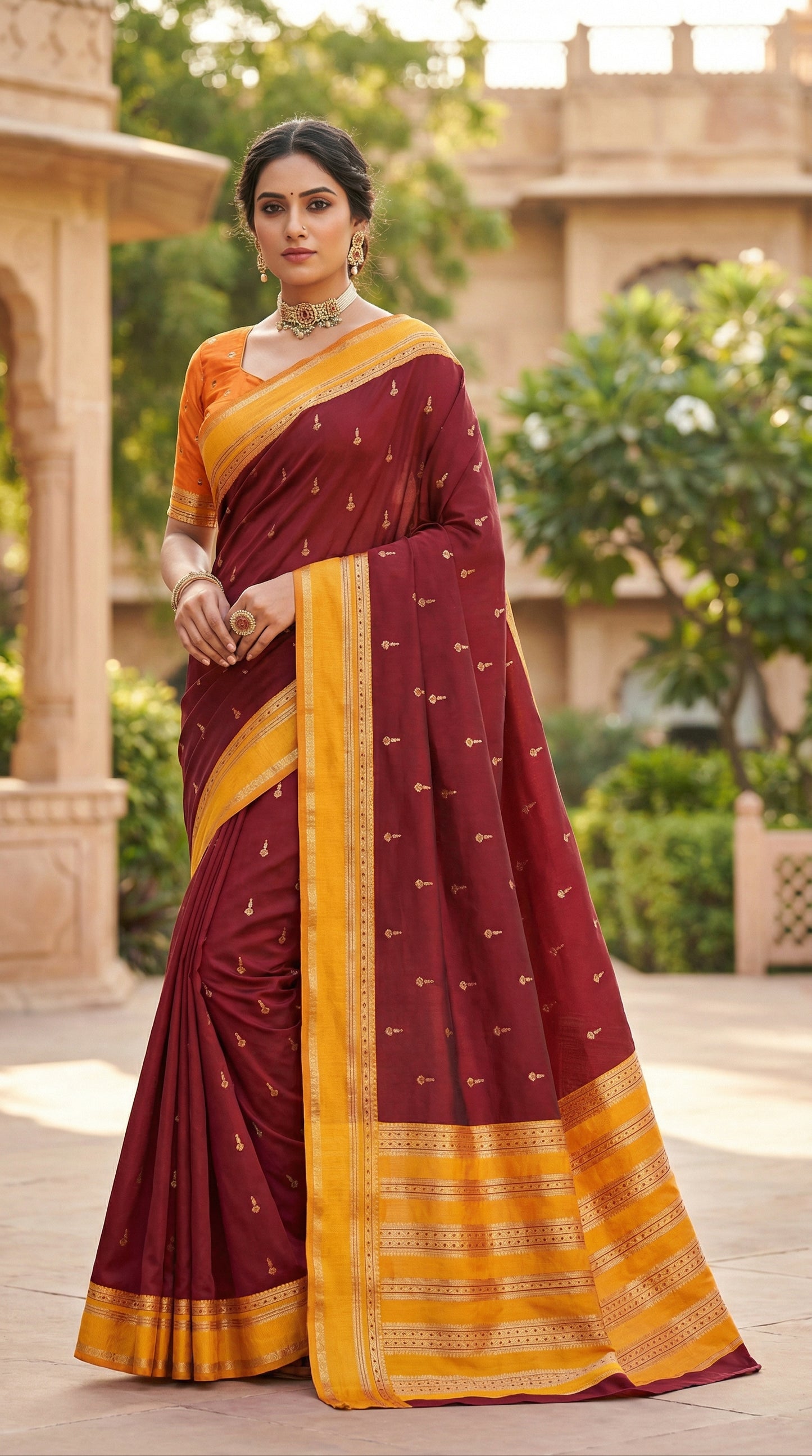 Maroon & Yellow Silk Saree with Gold Butta & Mustard Yellow Striped Pallu
