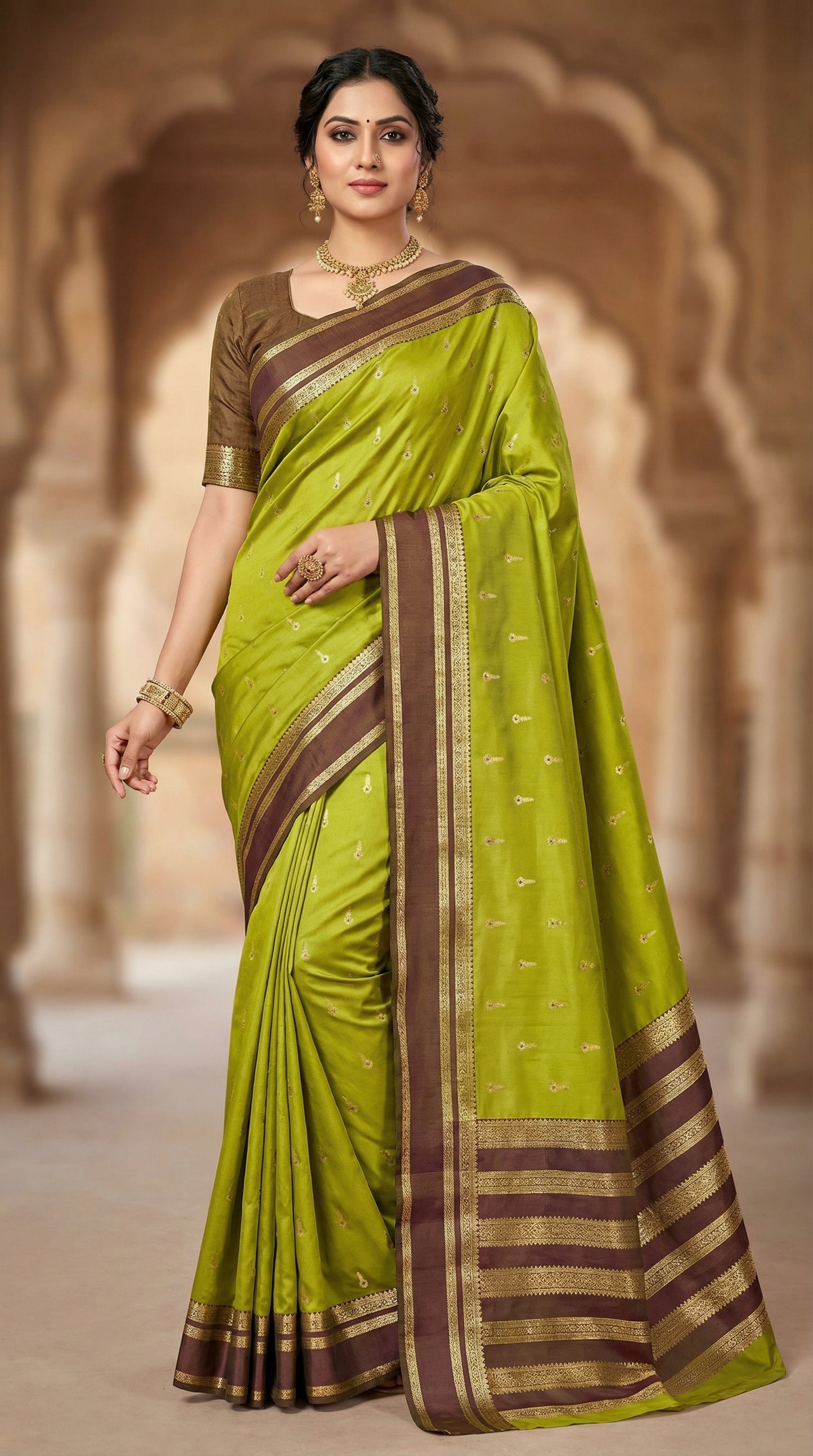 Parrot Green Silk Saree with Gold Butta & Wine Purple Striped Pallu