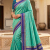 Sea Green Silk Saree with Gold Butta & Royal Blue Striped Pallu