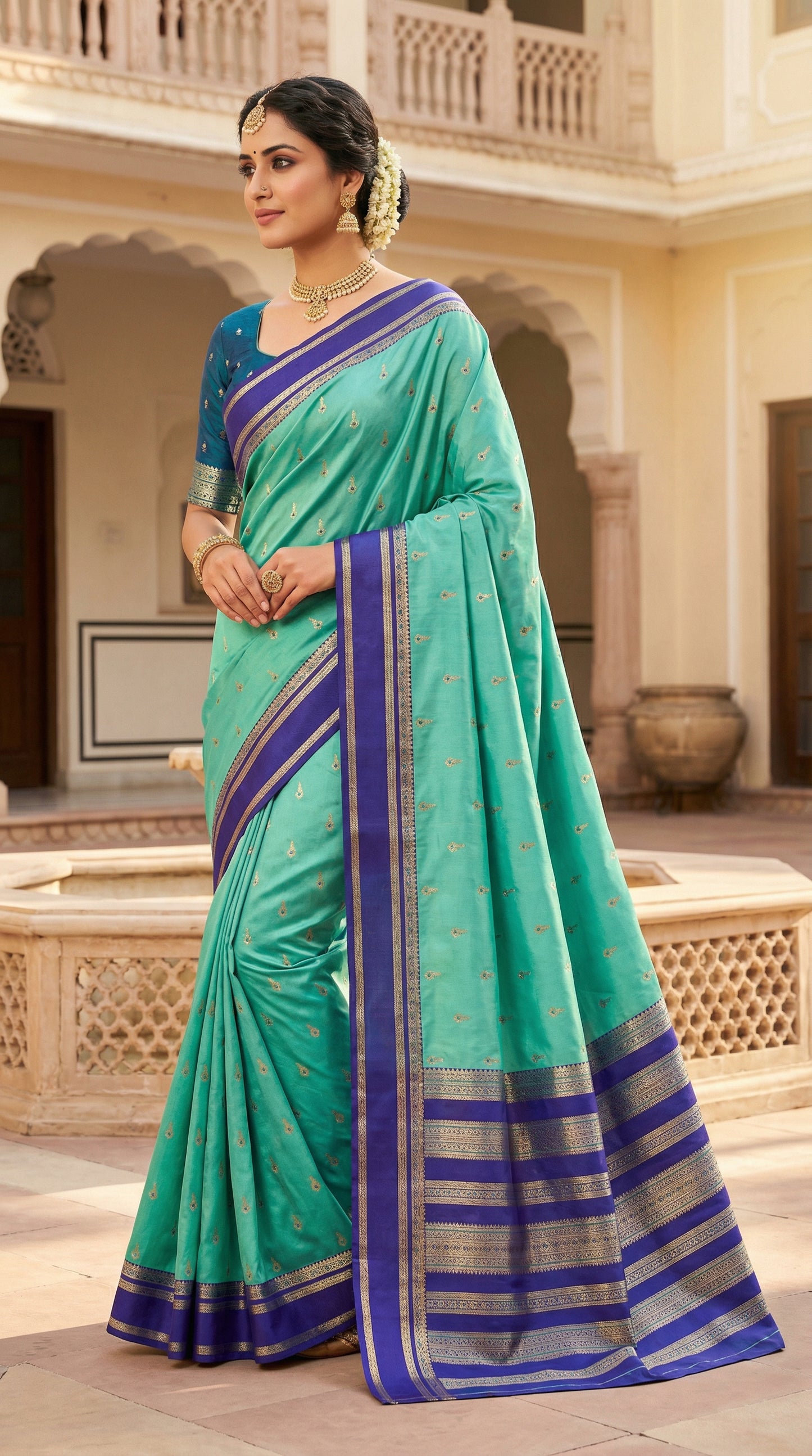 Sea Green Silk Saree with Gold Butta & Royal Blue Striped Pallu