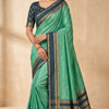 Mint Green Silk Saree with Gold Butta & Teal Blue Zari Striped Pallu