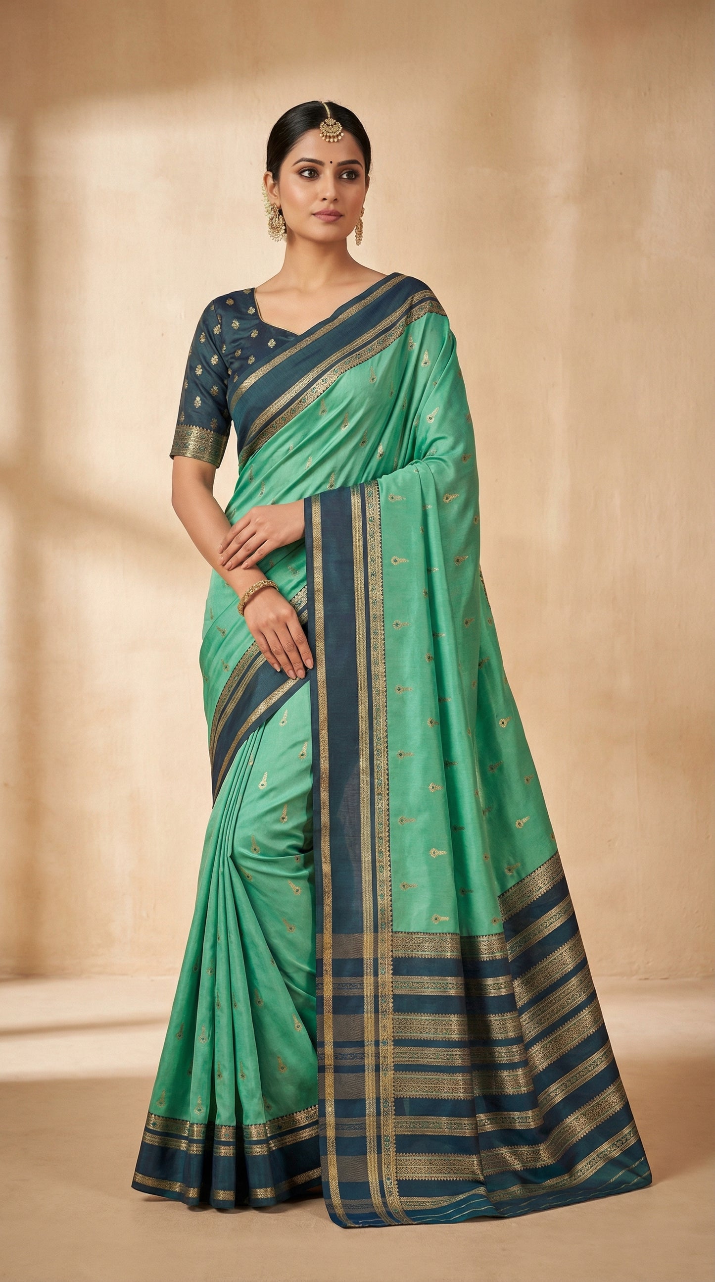 Mint Green Silk Saree with Gold Butta & Teal Blue Zari Striped Pallu