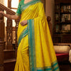 Bright Yellow Silk Saree with Gold Butta & Teal Blue Zari Striped Pallu