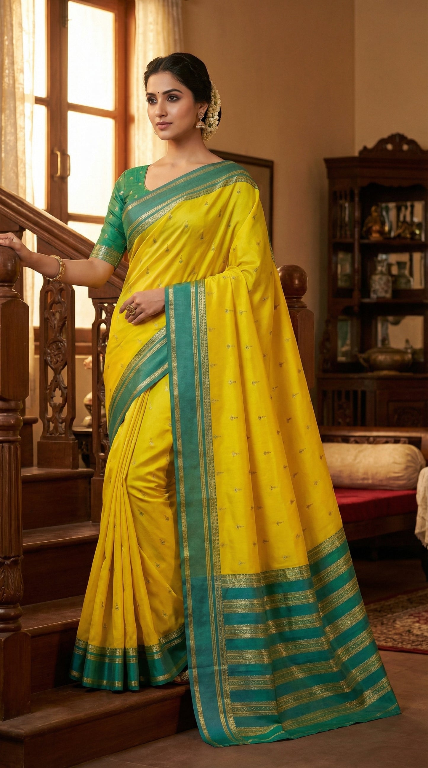 Bright Yellow Silk Saree with Gold Butta & Teal Blue Zari Striped Pallu