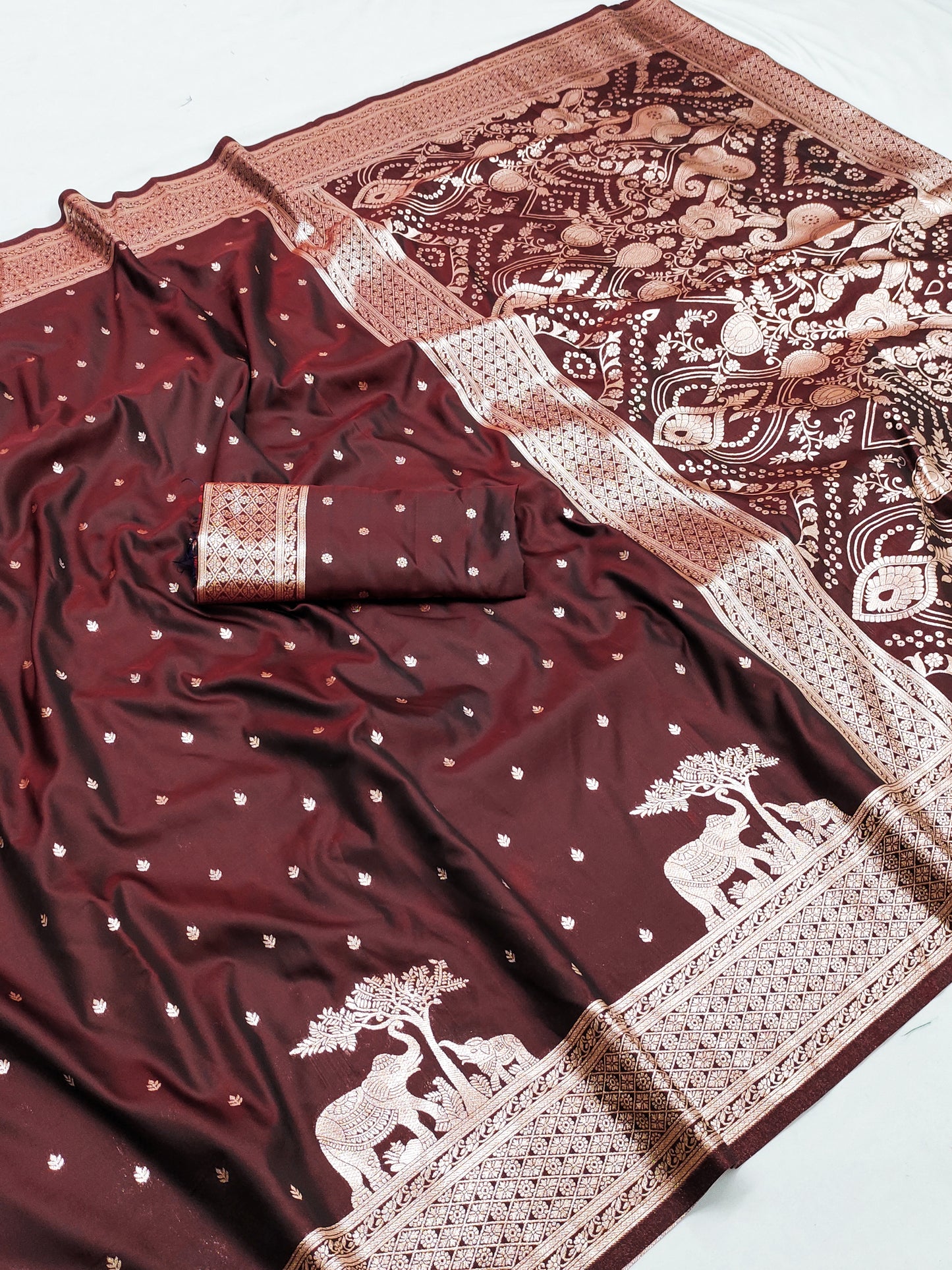 Brown Silk Saree with Antique Zari Butta, Regal Elephant Border & Heritage Pallu