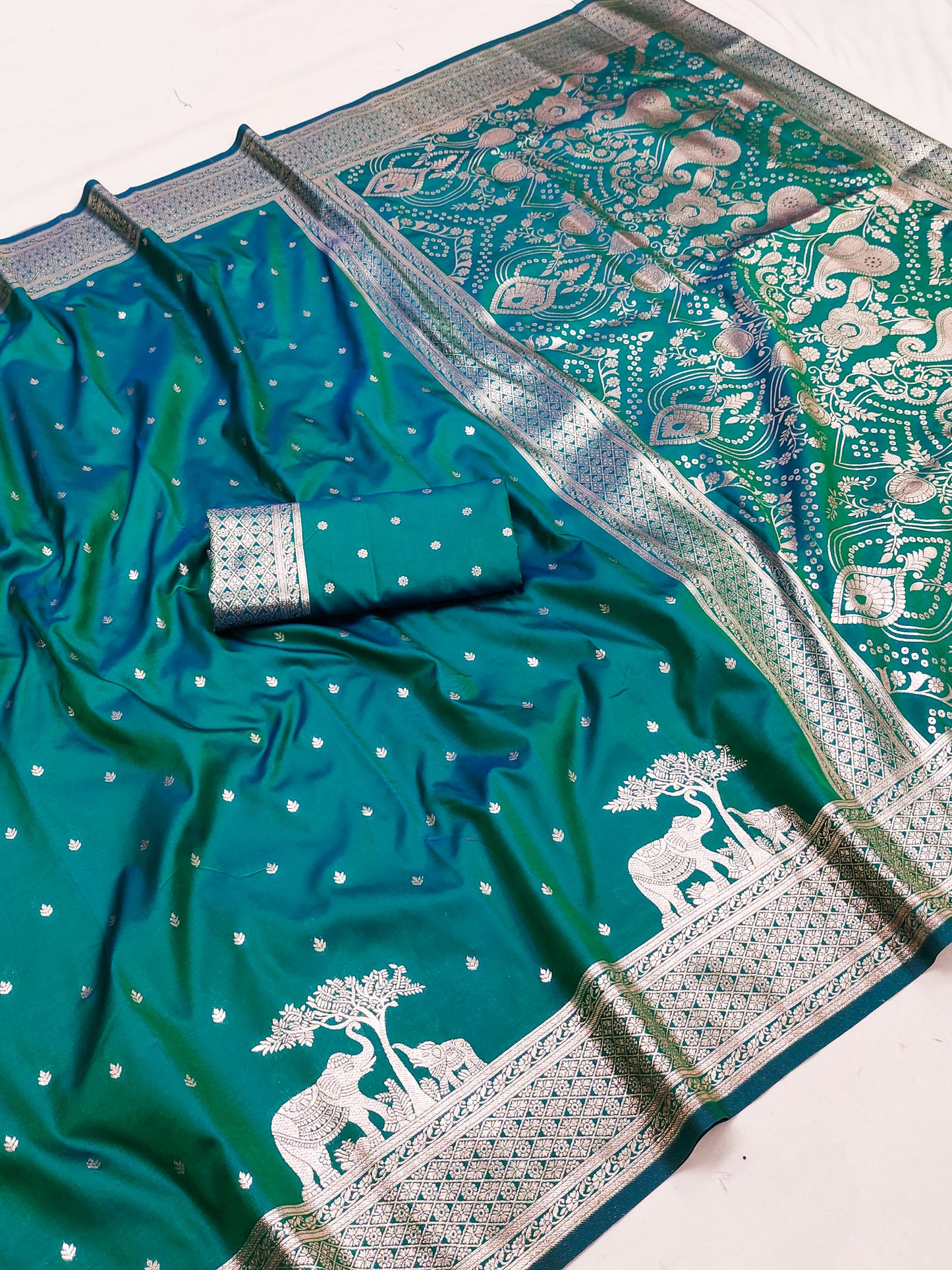 Teal Green Silk Saree with Silver-Gold Butta, Royal Elephant Zari Border & Ornate Pallu