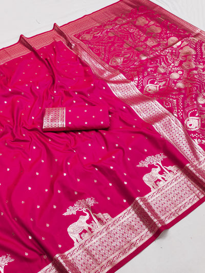 Rani Pink Silk Saree with Gold Butta, Royal Elephant Zari Border & Heavy Heritage Pallu