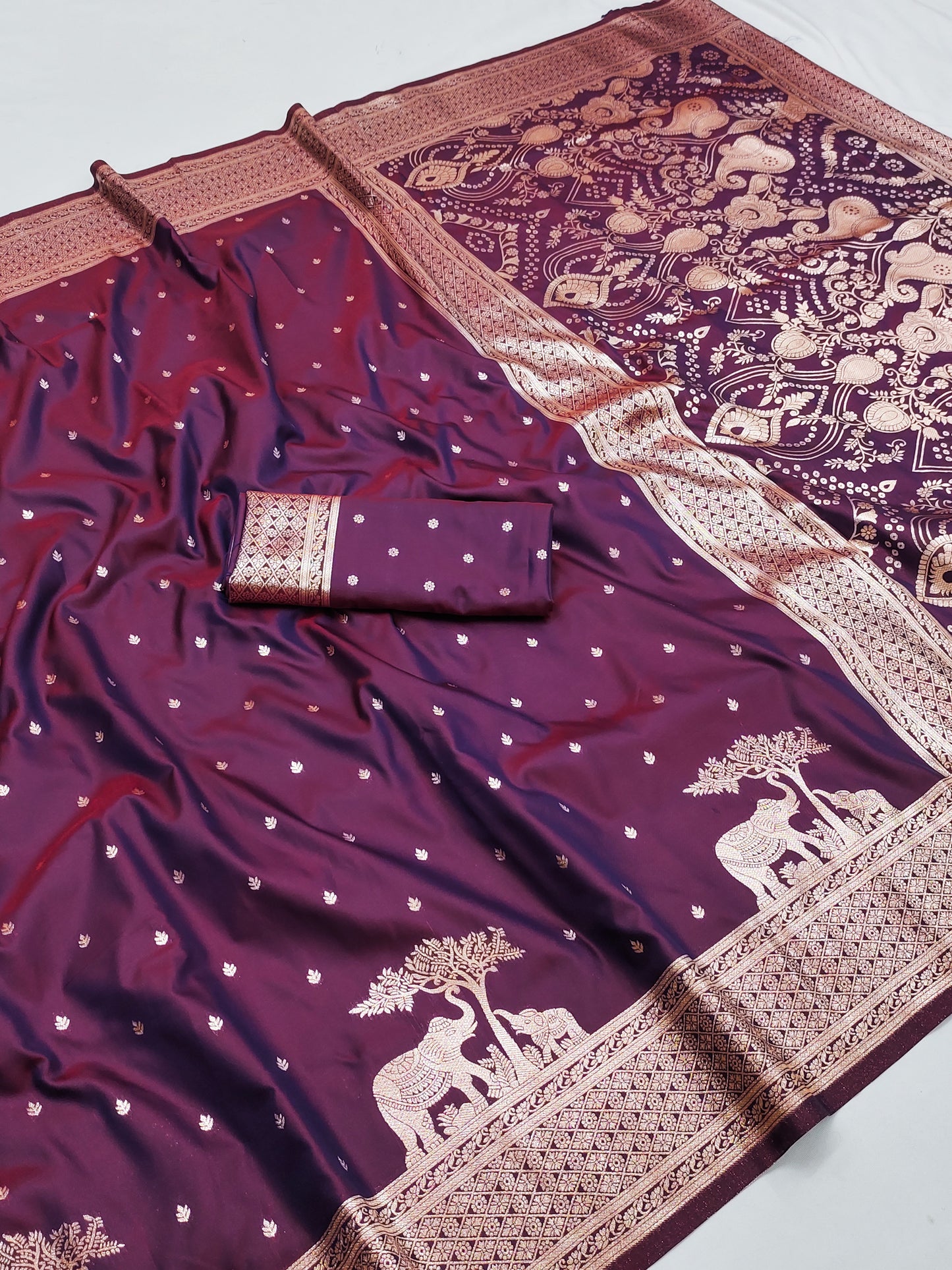 Royal Wine Purple Silk Saree with Gold Butta, Elephant Zari Border & Grand Traditional Pallu
