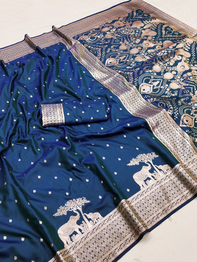 Royal Navy Blue Silk Saree with Gold Butta, Elephant Zari Border & Heavy Heritage Pallu