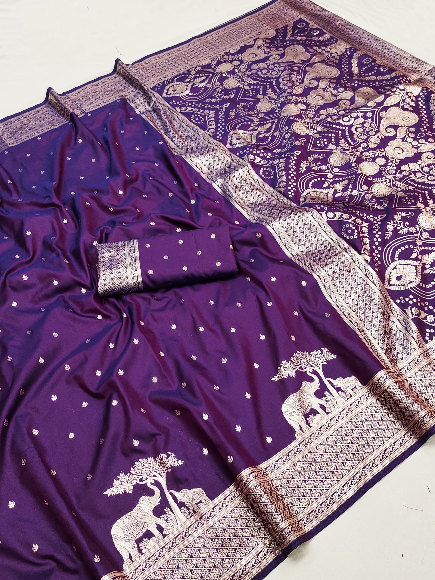 Royal Purple Silk Saree with Gold Butta, Elephant Zari Border & Grand Heritage Pallu
