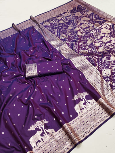 Royal Purple Silk Saree with Gold Butta, Elephant Zari Border & Grand Heritage Pallu