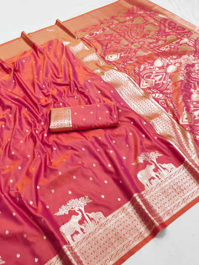 Rust Red Silk Saree with Gold Butta, Elephant Zari Border & Grand Traditional Pallu