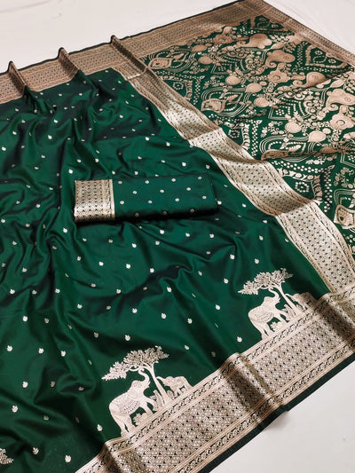 Emerald Green Silk Saree with Gold Butta, Elephant Zari Border & Grand Designer Pallu