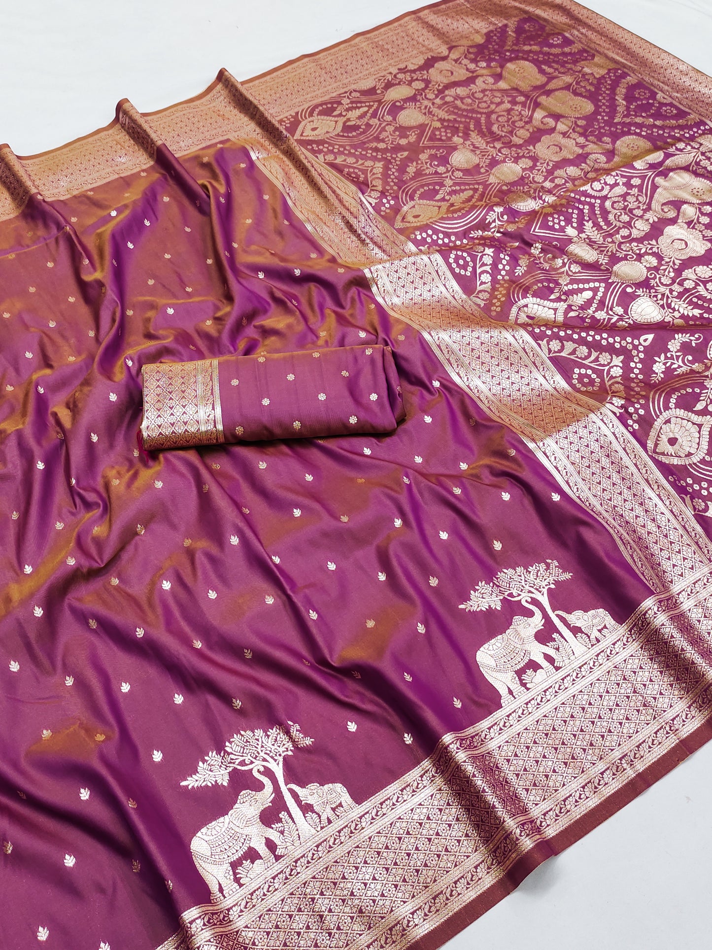 Royal Purple Silk Saree with Gold Butta, Elephant Zari Border & Designer Pallu