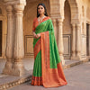 Emerald Green Luxury Silk Saree with Coral Banarasi Border & Antique Zari Pallu