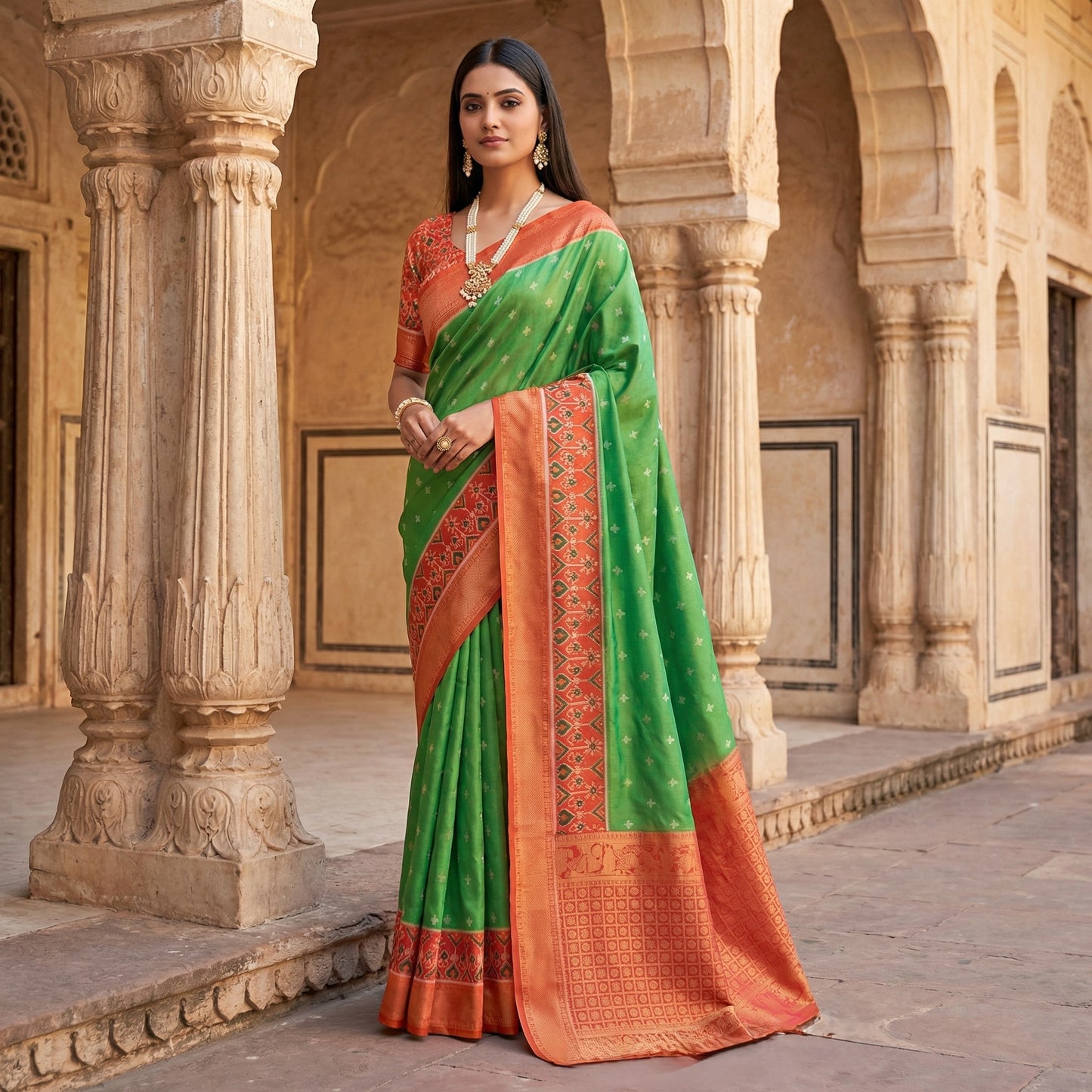 Emerald Green Luxury Silk Saree with Coral Banarasi Border & Antique Zari Pallu
