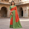 Verdant Green & Coral Flame Luxury Silk Saree with Antique Zari Banarasi Pallu
