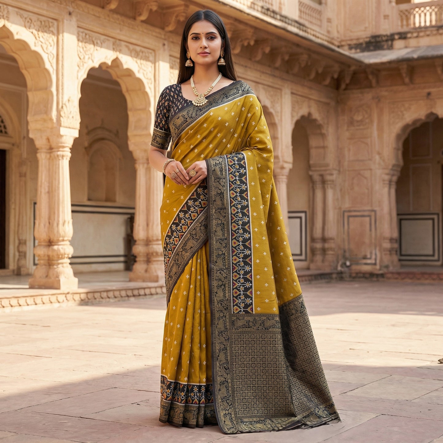Mustard Gold Luxury Silk Saree with Black Antique Banarasi Border & Grand Zari Jaal Pallu