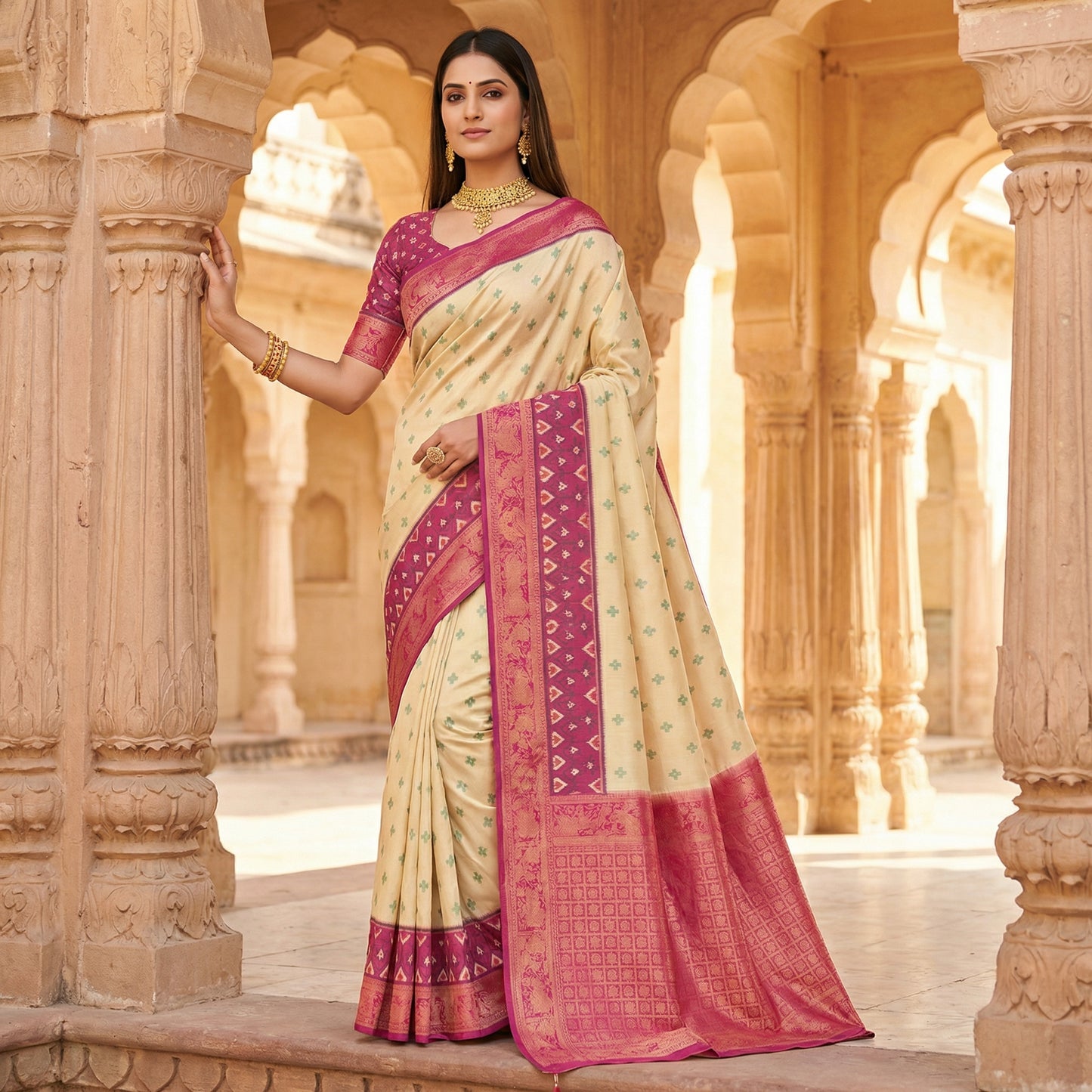 Ivory Cream Luxury Silk Saree with Rani Pink Banarasi Border & Zari Jaal Pallu