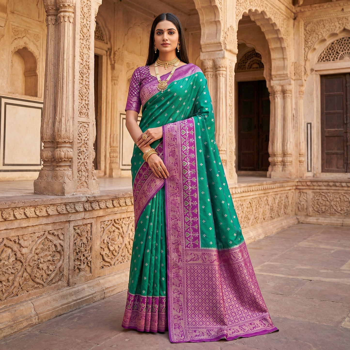 Emerald Teal Luxury Silk Saree with Royal Purple Banarasi Border & Zari Jaal Pallu