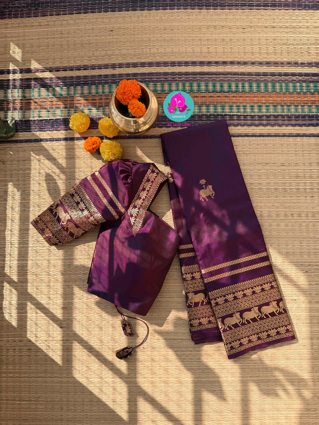 Royal Amethyst Cotton Saree with Elephant Zari Heritage Border