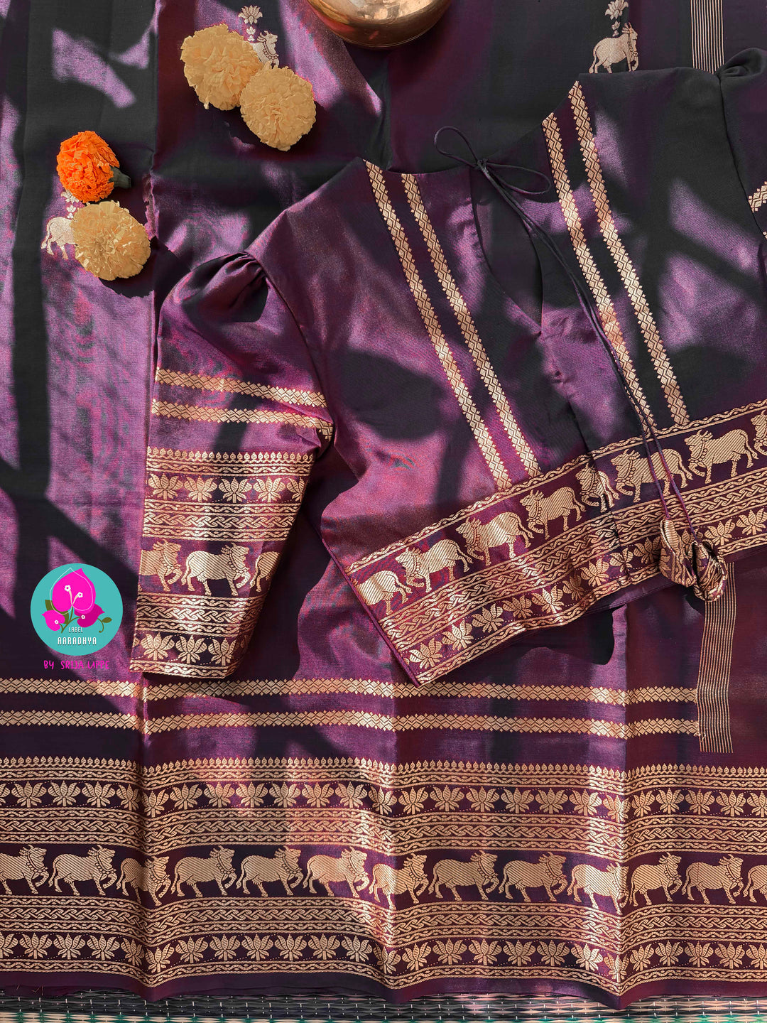 Royal Amethyst Cotton Saree with Elephant Zari Heritage Border
