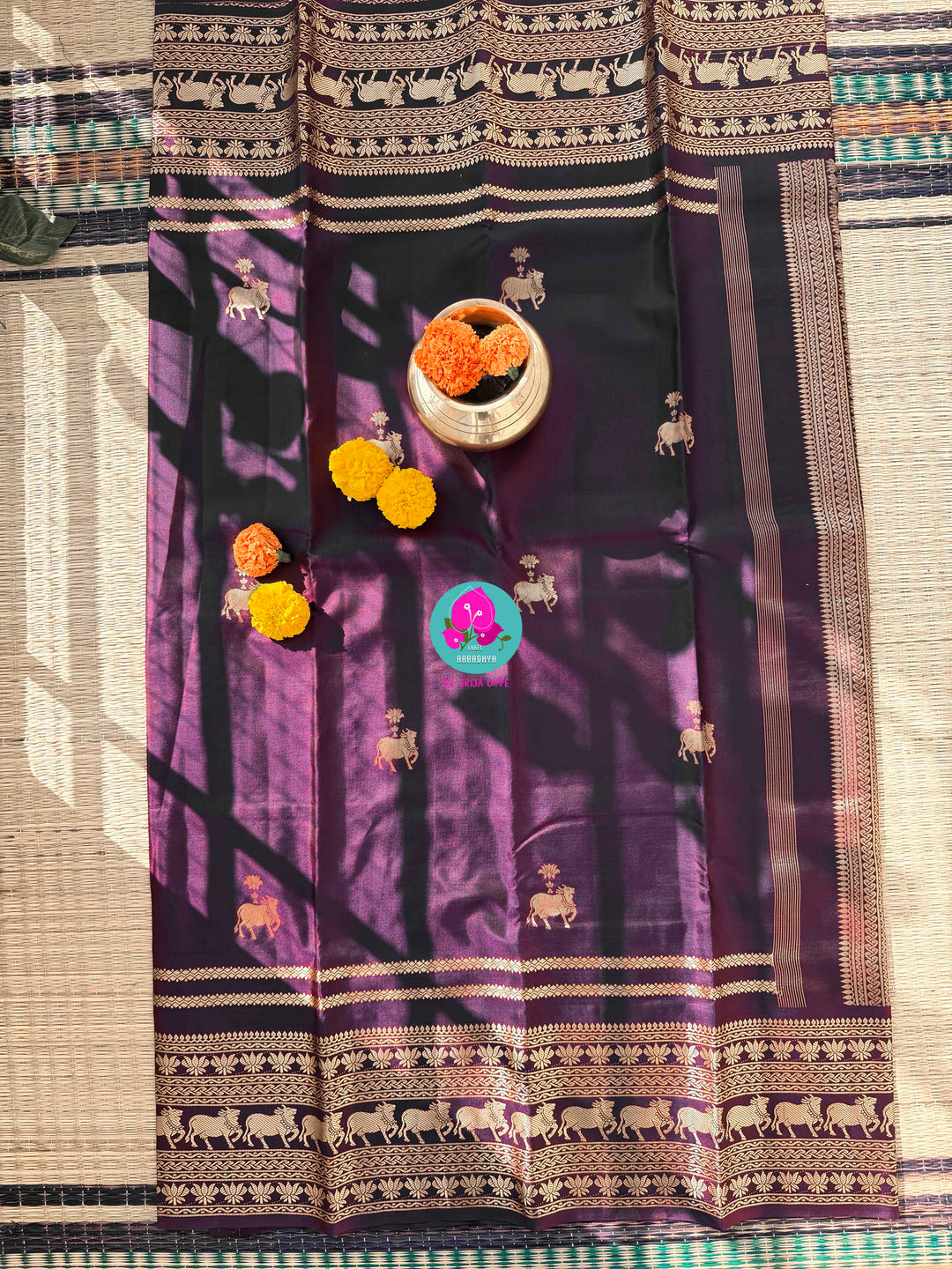 Royal Amethyst Cotton Saree with Elephant Zari Heritage Border