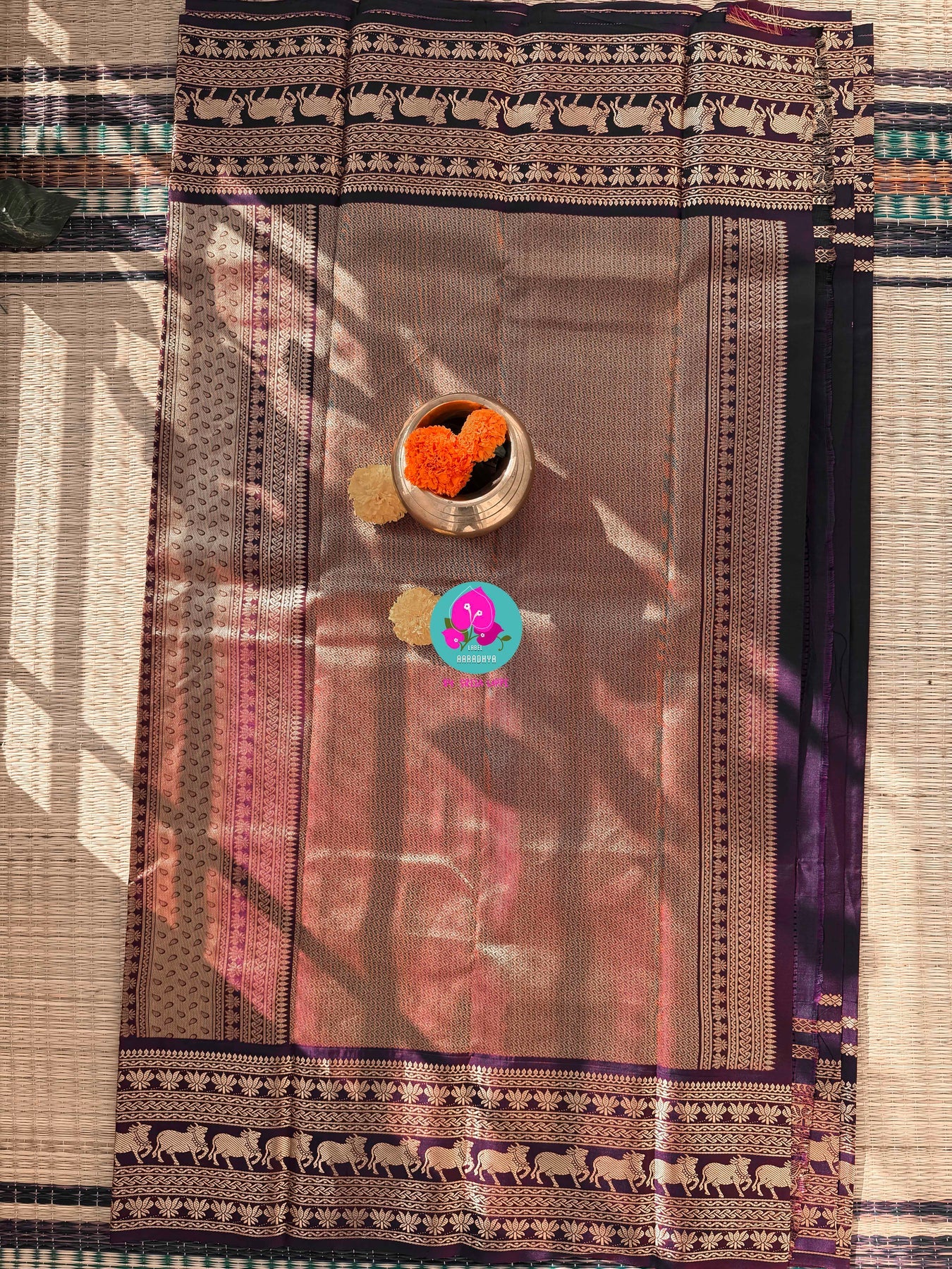 Royal Amethyst Cotton Saree with Elephant Zari Heritage Border