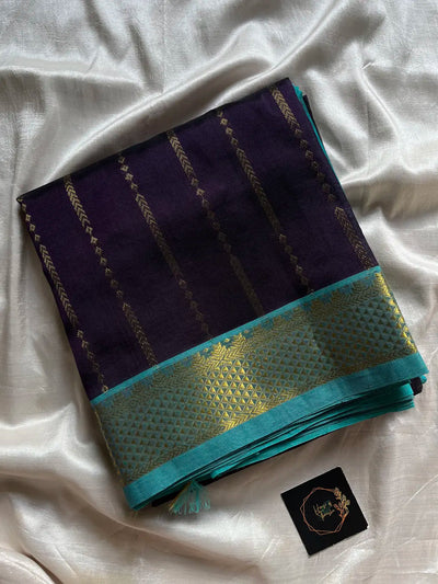 Midnight Royal Cotton Saree with Teal Zari Heritage Border