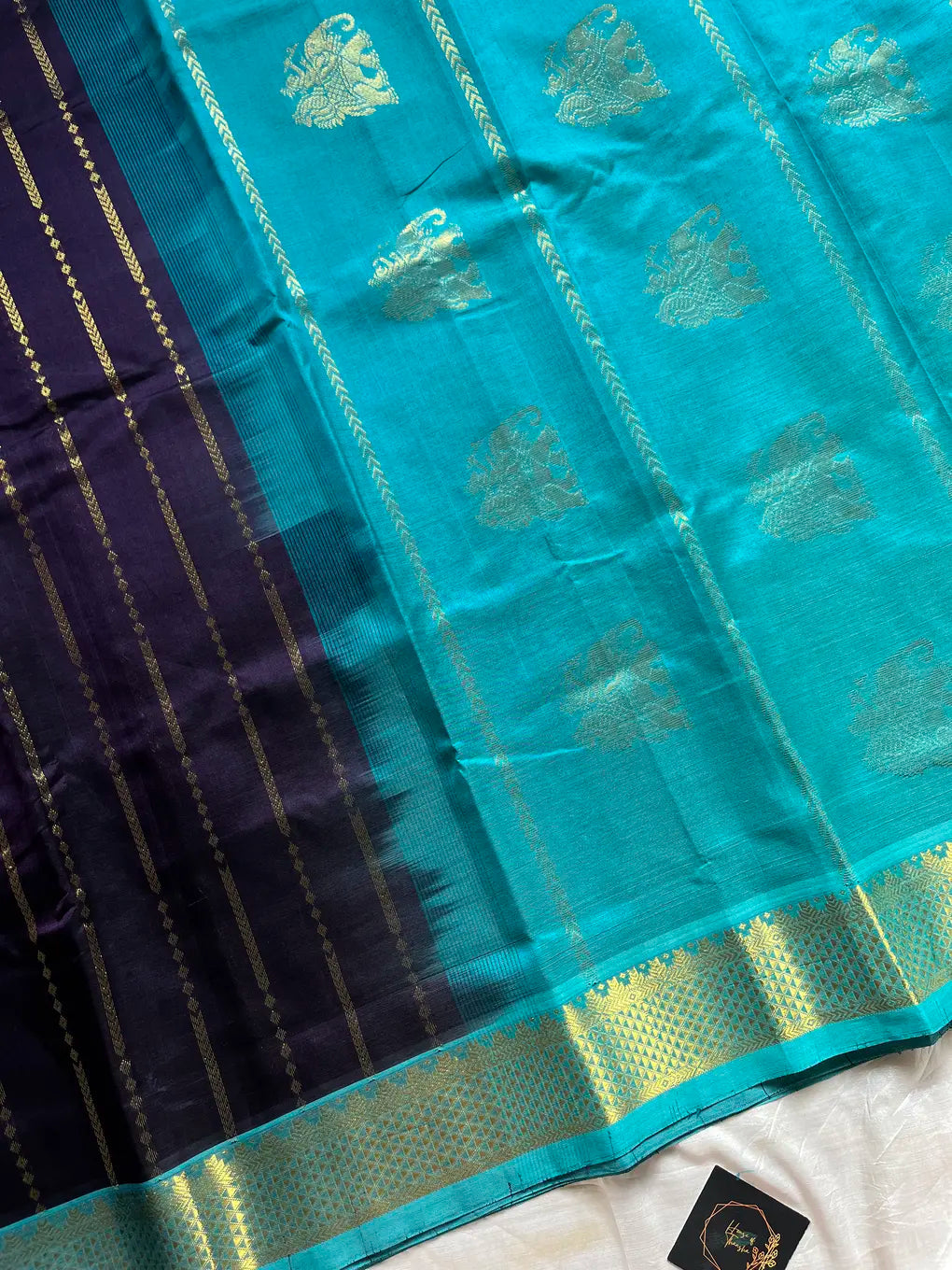 Midnight Royal Cotton Saree with Teal Zari Heritage Border