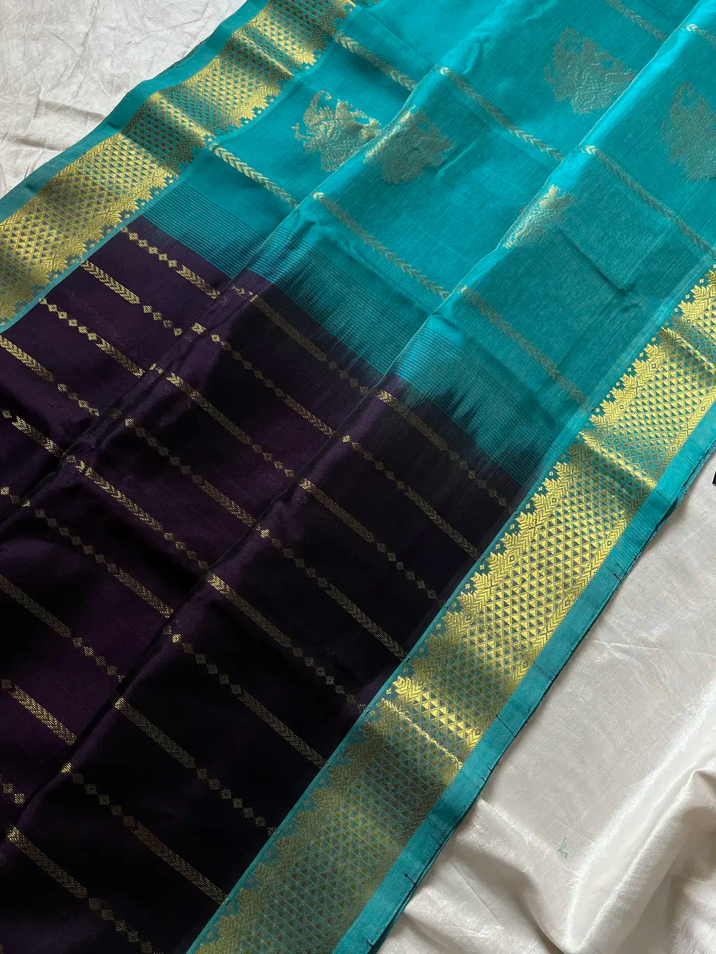 Midnight Royal Cotton Saree with Teal Zari Heritage Border