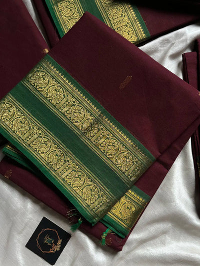 Royal Maroon Cotton Saree with Emerald Zari Heritage Border