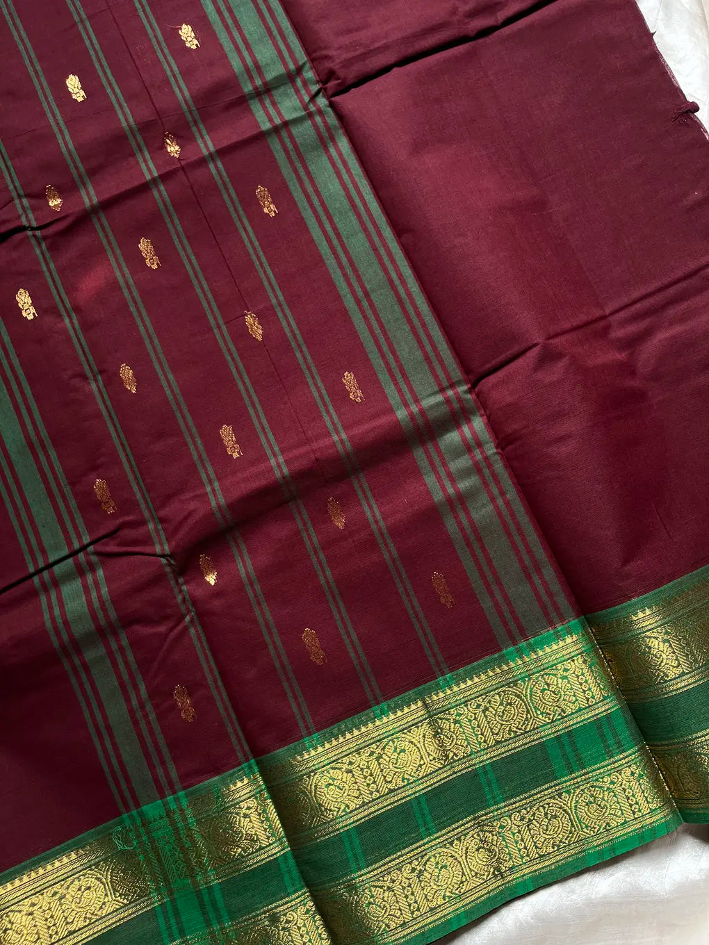 Royal Maroon Cotton Saree with Emerald Zari Heritage Border