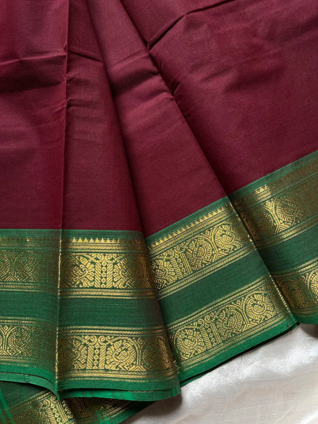 Royal Maroon Cotton Saree with Emerald Zari Heritage Border